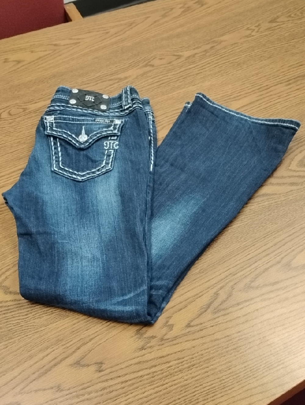 Miss Me Indigo Bootcut Jeans with White Stitching, Sz 30